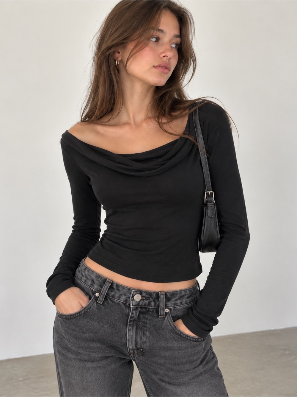 Brandy Melville Black Cowl Neck Off Shoulder Top Basic Everyday Chic Capsule